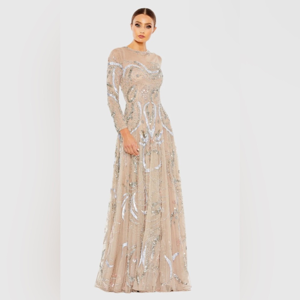 Mac Duggal Long Sleeve Sequin Dress in Nude and Silver